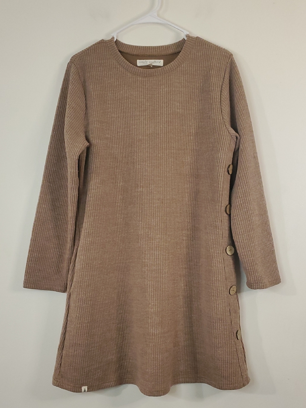 Simply Southern Ribbed Knit Longsleeve Dress Size Large Tan Beige Resort Minimal